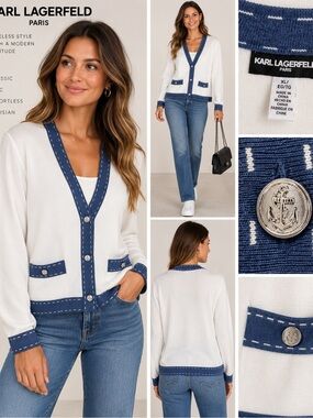 Karl Lagerfeld Paris Ivory Navy Contrast Trim Cardigan Anchor Buttons Women’s XL